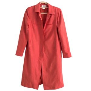Vintage 80's Full Length Coat in Coral Red Linen with Pockets by Harve Benard